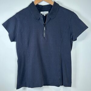 Vintage Y2K Black Polo Shirt with Rhinestone Quarter Zip and Short Sleeves M